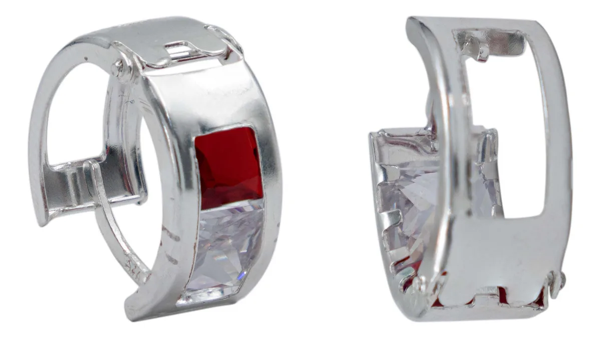 Aretes Huggies Plata 925 con Zirconia Roja, pendientes de aro de plata pequeños para mujer. Arracadas hipoalergénicas con dis