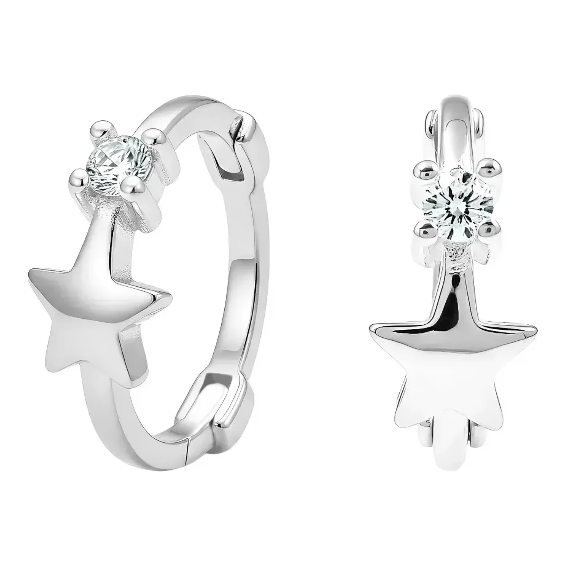 Aretes huggies plata 925 nacional con zirconia blanca dos milímetros, arracadas pequeñas dije estrella y broche bisagra