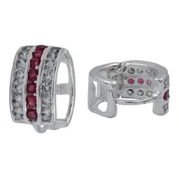 Aretes Huggies Plata 925 Zirconia Roja Grande Diseño Moderno - Imagen 1