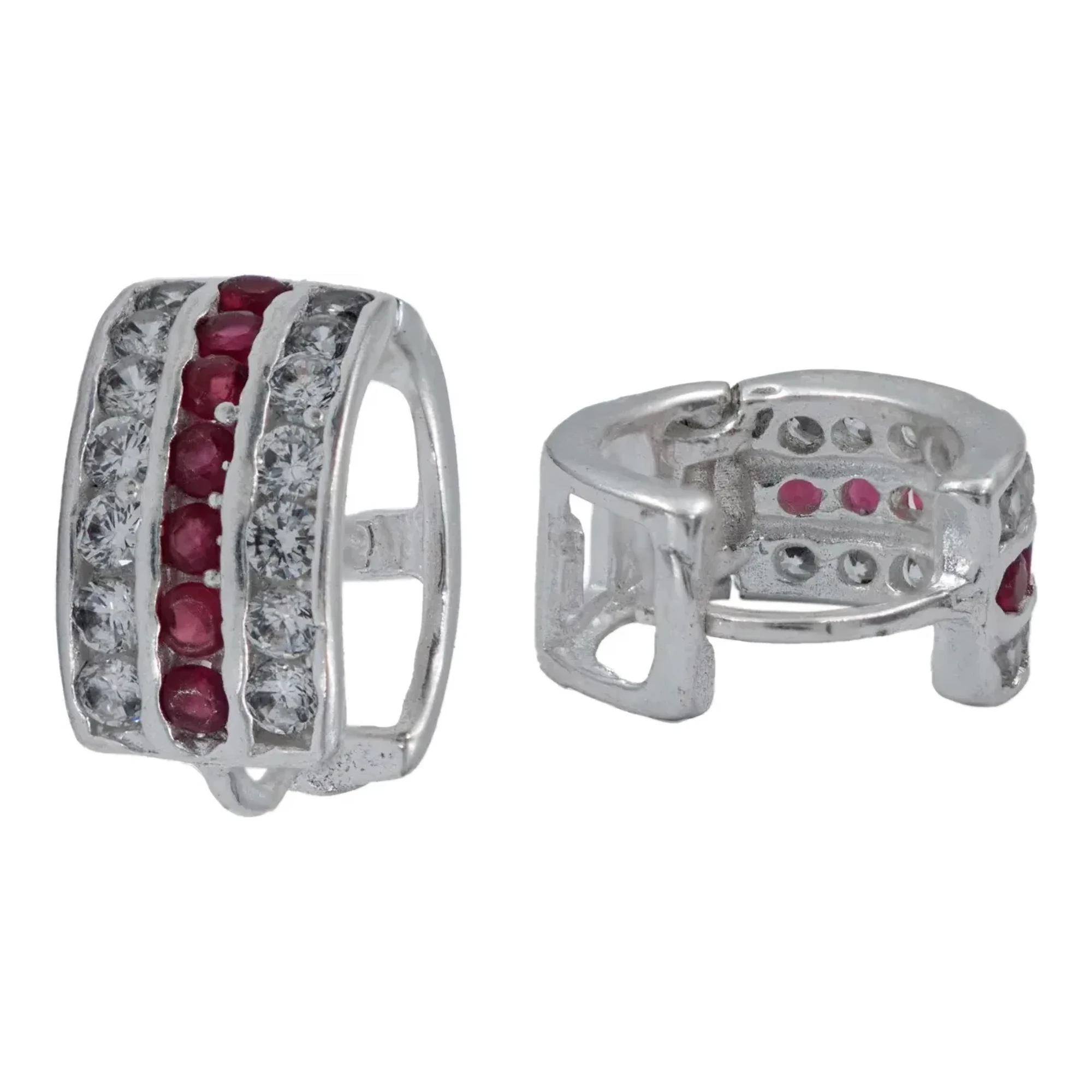 Aretes Huggies Plata 925 Zirconia Roja Grande, diseño moderno. Arracadas de plata chunky para mujer con piedra de color.