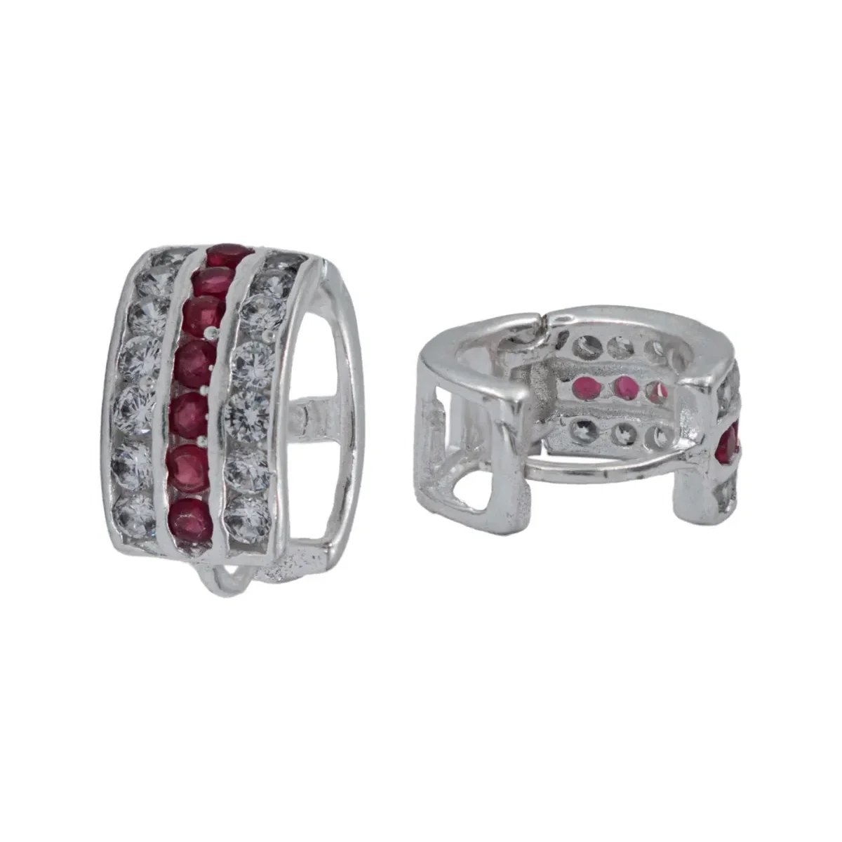 Aretes Huggies Plata 925 Zirconia Roja Grande, diseño moderno. Arracadas de plata chunky para mujer con piedra de color.