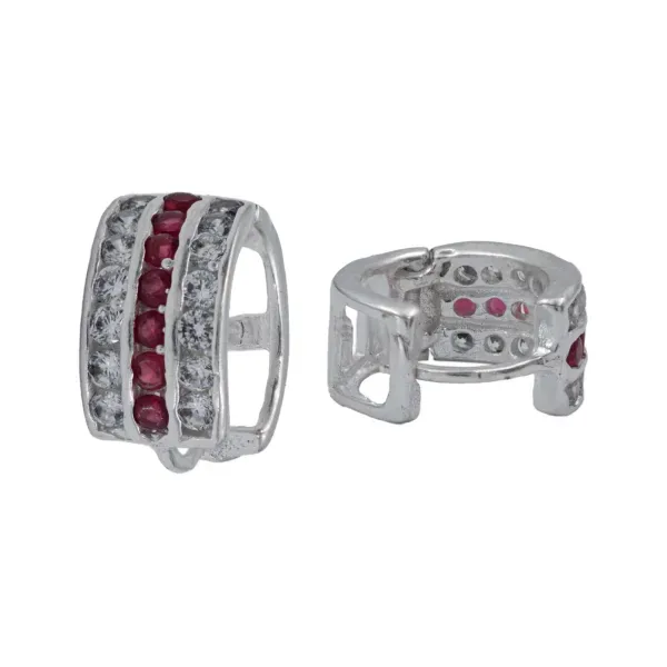 Aretes Huggies Plata 925 Zirconia Roja Grande Diseño Moderno - Imagen 1