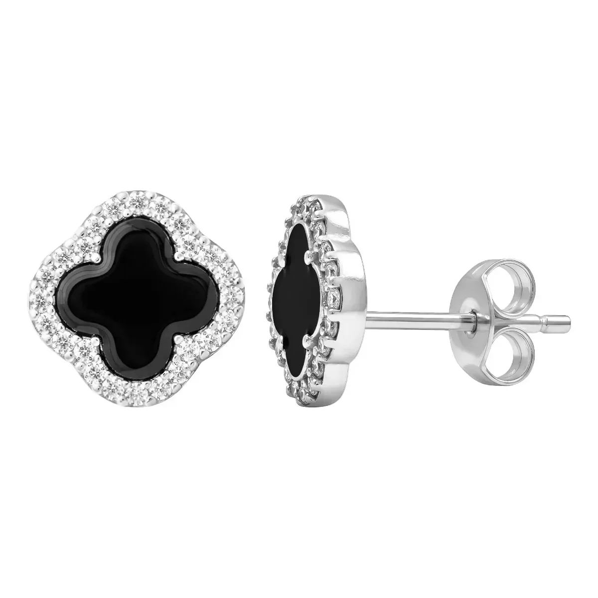 Aretes Mariposa Plata 925 de botón, trébol cuatro hojas con zirconias rojas. Joyería ética mexicana, acabado rodinado.
