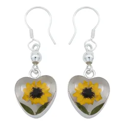 Aretes Plata 925 Girasol Encapsulado con Dos Hojas - Imagen 1
