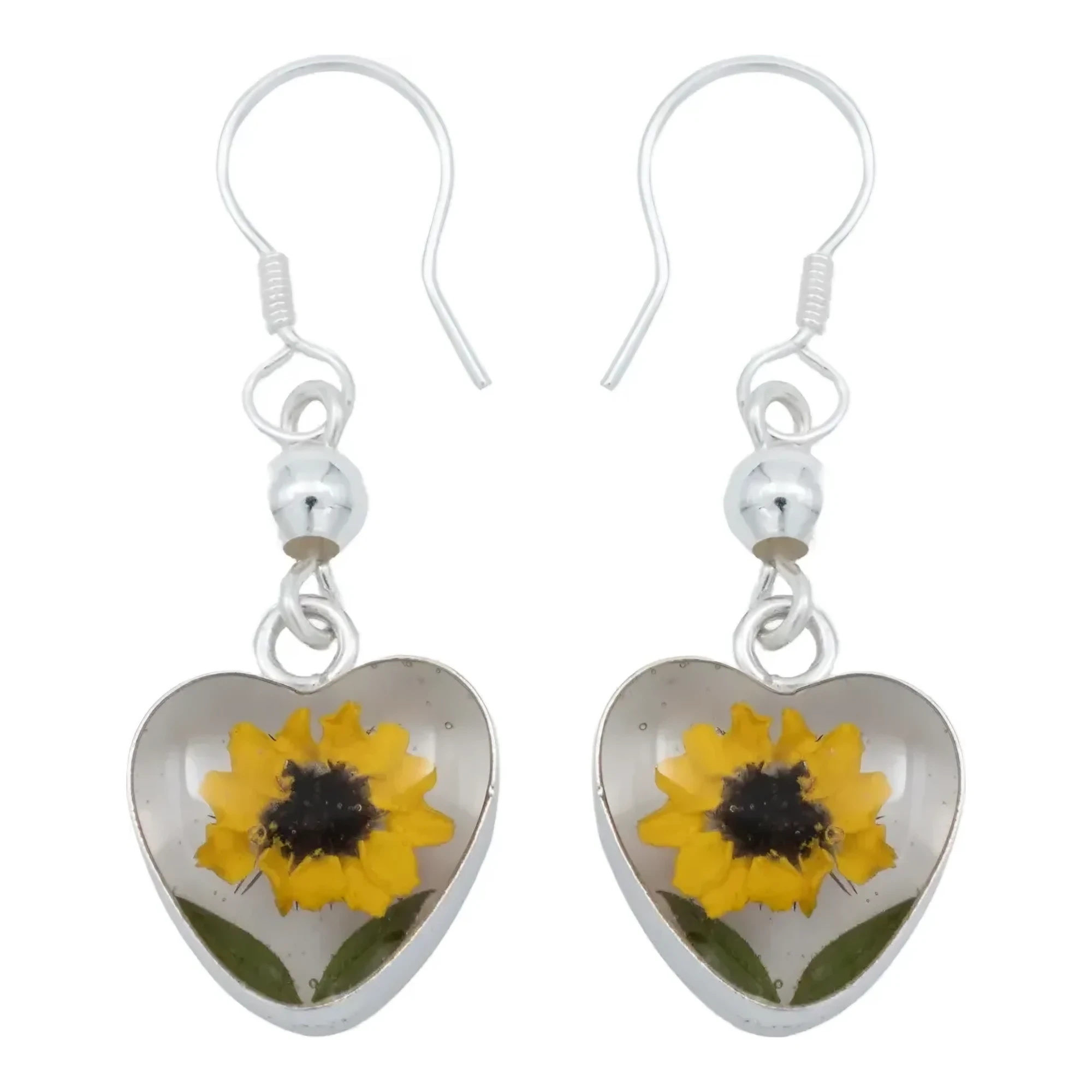 Aretes de girasol plata ley 925 con flor natural encapsulada en resina transparente, dos hojas y broche tipo gancho colgante
