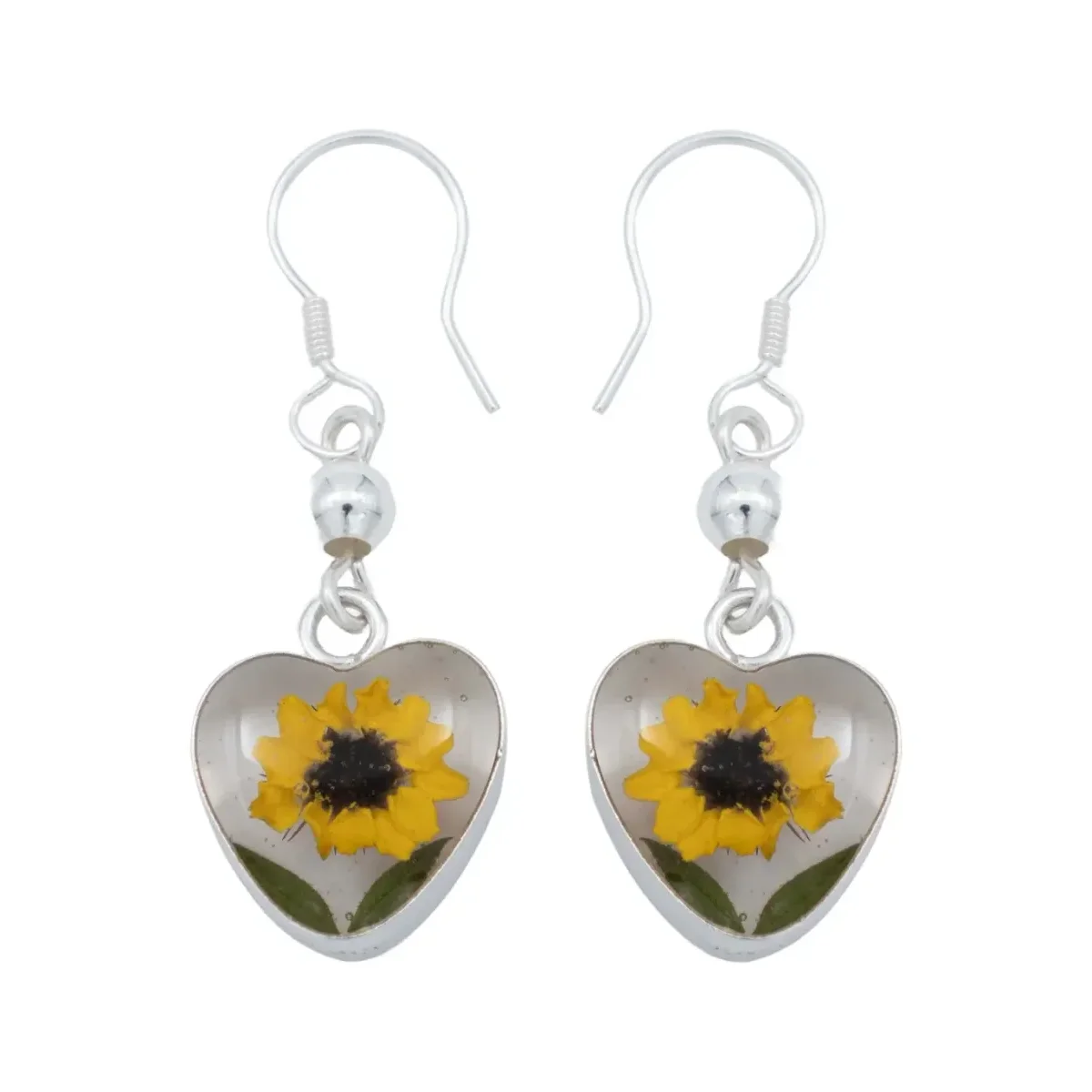 Aretes de plata .925, girasol encapsulado con dos hojas, diseño orgánico artesanal mexicano. Joyería sostenible para mujer.