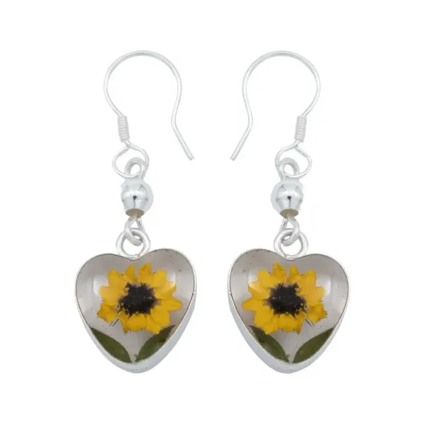 Aretes Plata 925 Girasol Encapsulado con Dos Hojas - Imagen 1