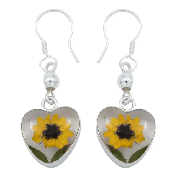 Aretes Plata 925 Girasol Encapsulado con Dos Hojas - Imagen 1