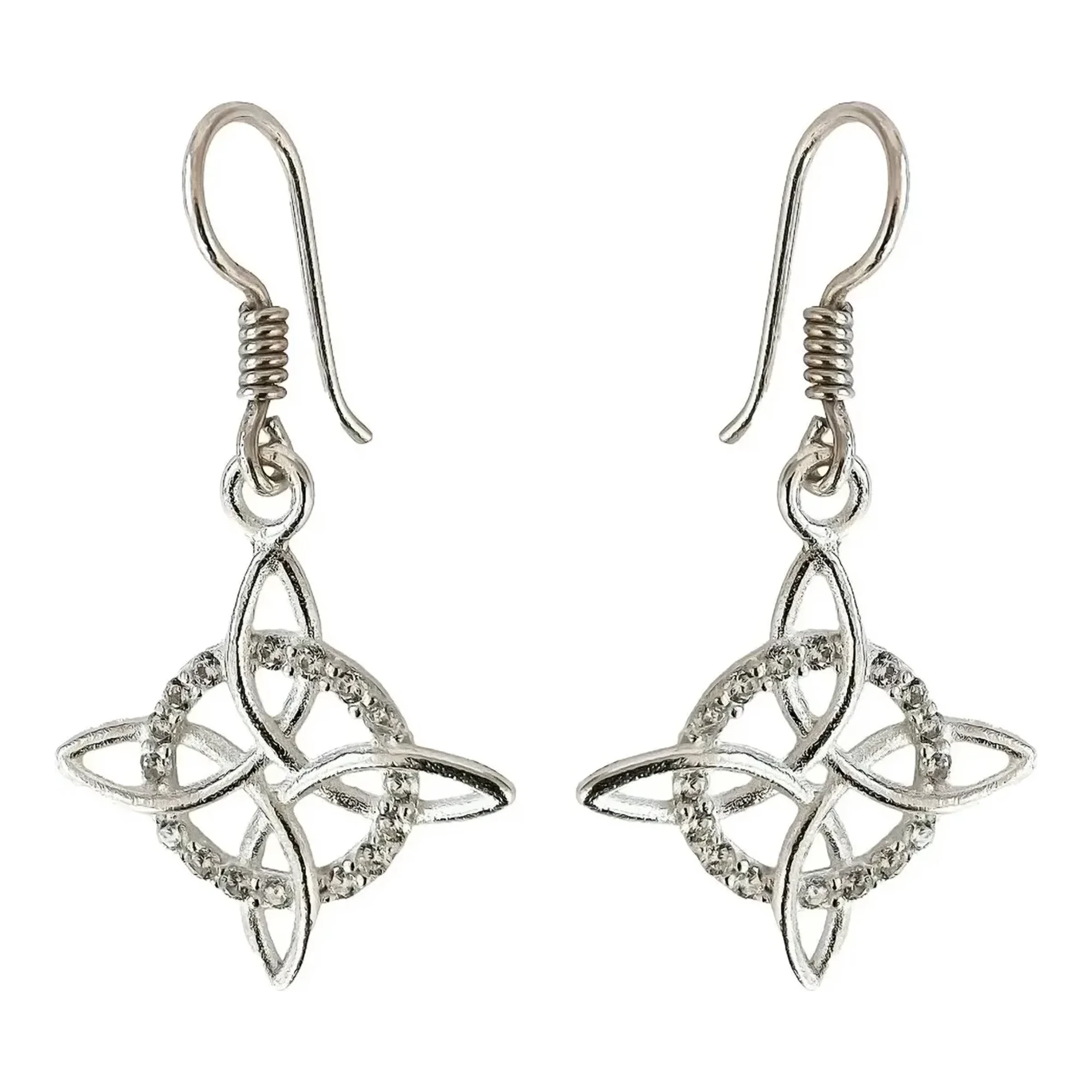 Aretes nudo de bruja en plata .925 con zirconias blancas de 1.5 mm, amuleto celta unisex con broche de gancho colgante