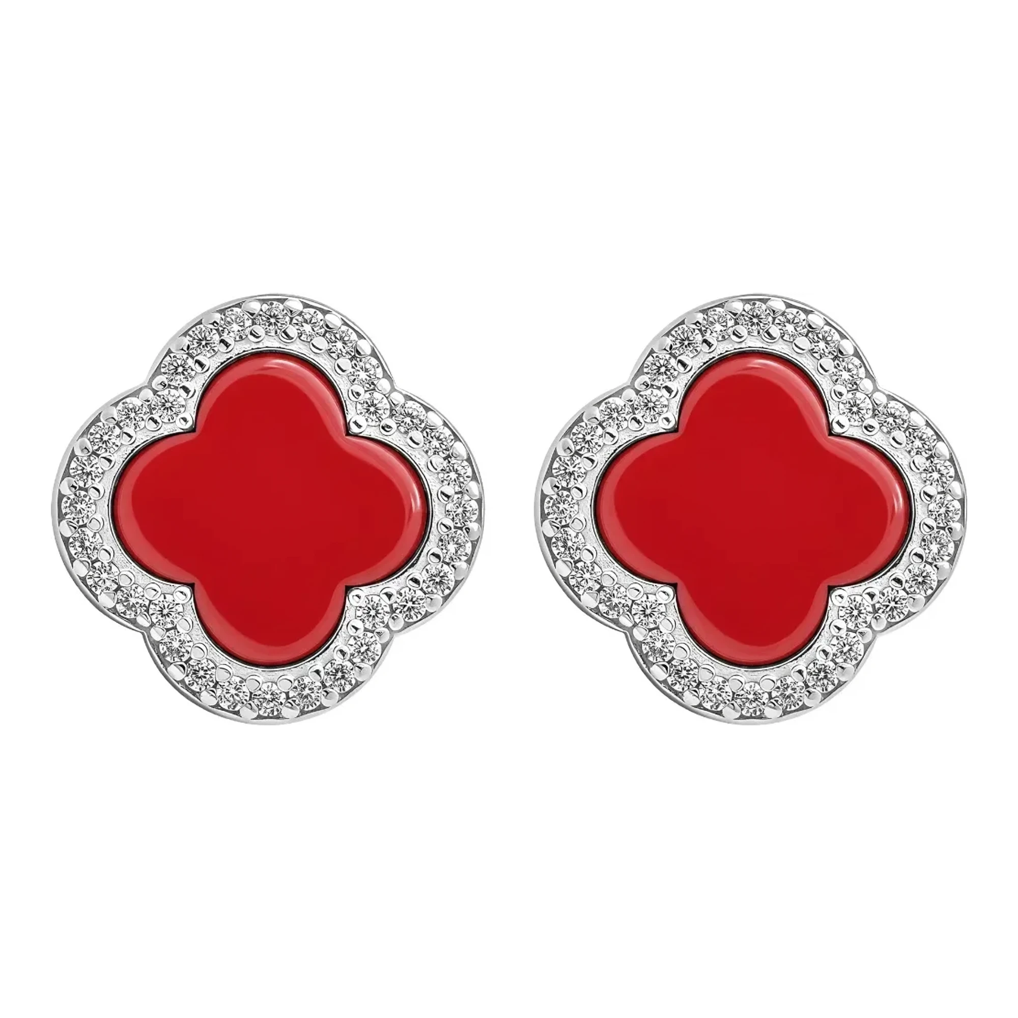 Broqueles de plata 925 trébol cuatro hojas grandes acabado esmaltado con zirconia blanca y broche a rosca para mujer