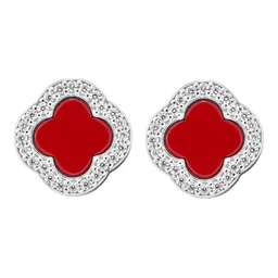 Aretes Trébol Plata 925 Esmalte Rojo con Zirconia Brillante - Imagen 1