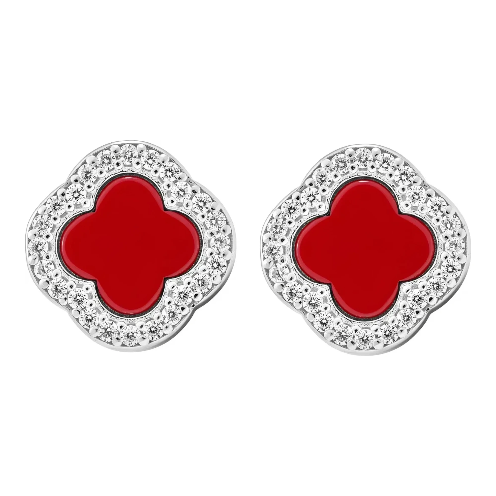 Broqueles de trébol plata .925 tipo arete broquel con esmalte rojo, zirconia blanca de 1 mm y broche a rosca para mujer