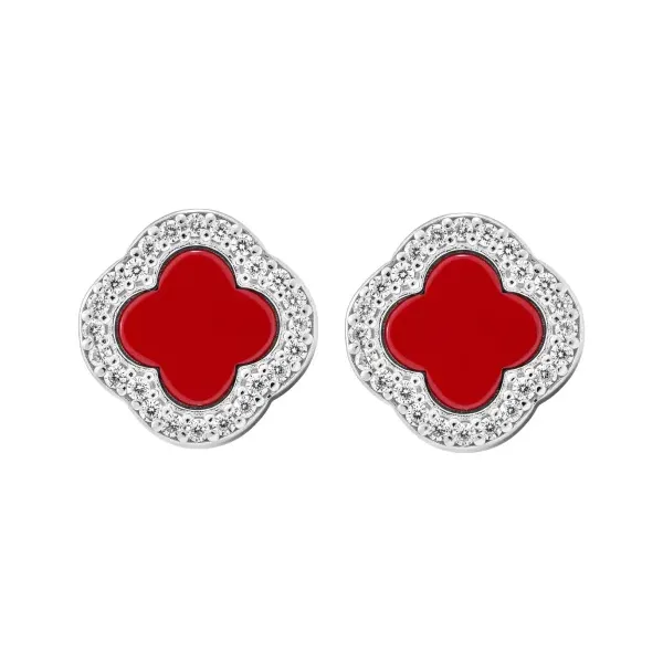 Aretes Trébol Plata 925 Esmalte Rojo con Zirconia Brillante - Imagen 1