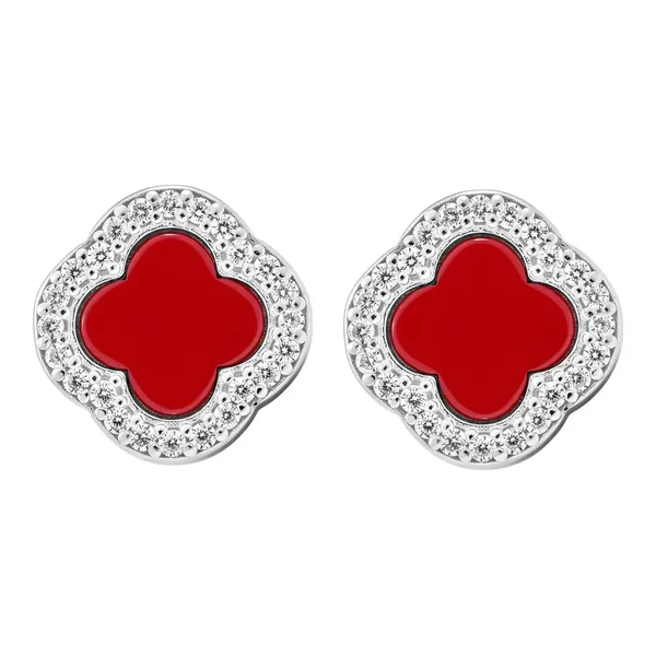 Aretes Trébol Plata 925 Esmalte Rojo con Zirconia Brillante - Imagen 1