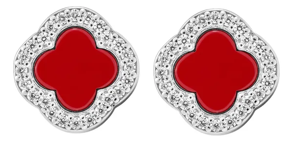 Aretes Trébol Plata 925 Esmalte Rojo con Zirconia Brillante - Imagen 1
