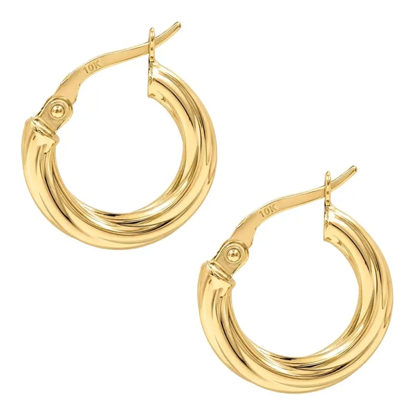 Arracadas torcidas mini de oro 10k de 16 mm con acabado pulido y broche a presión - Joyaris joyería fina