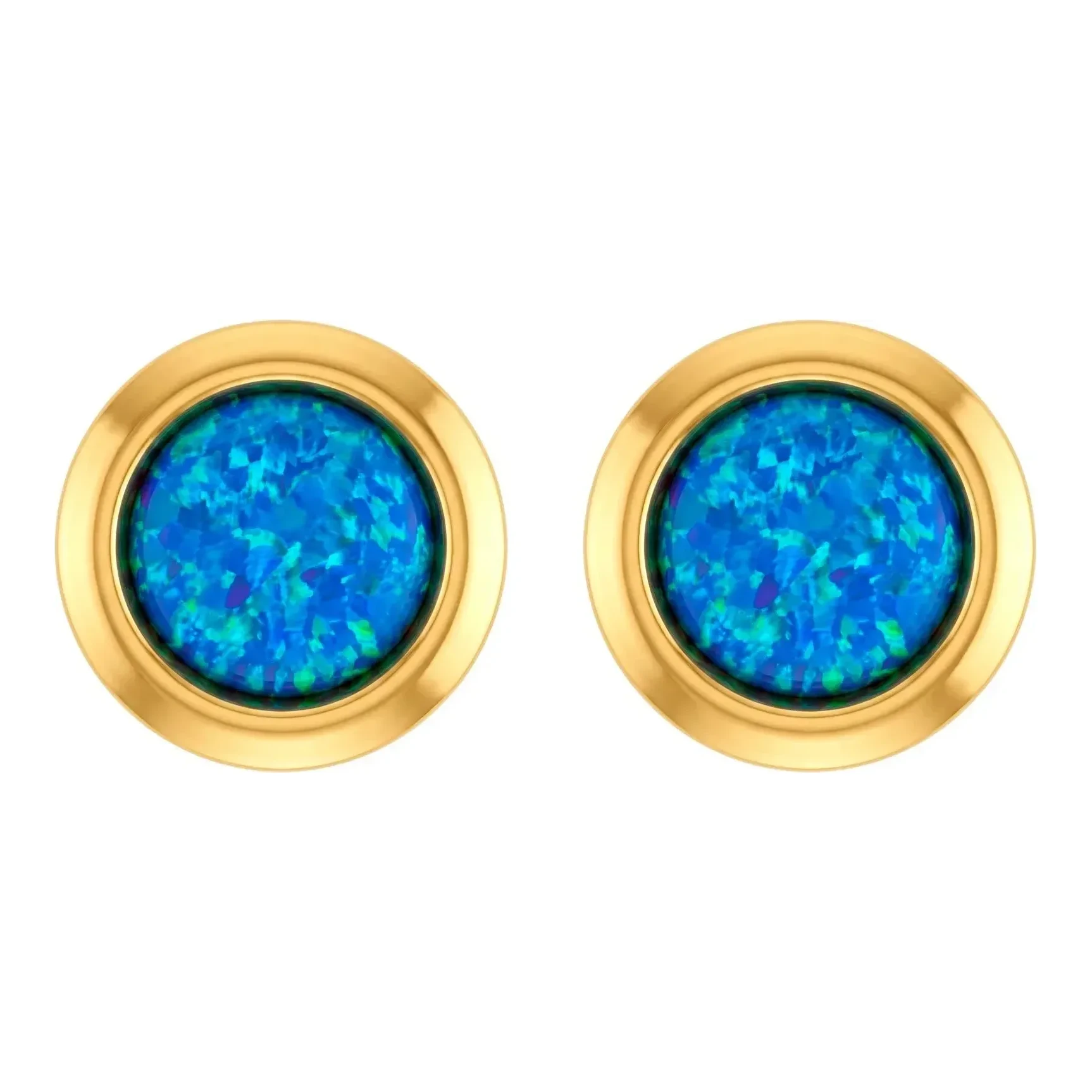 Broqueles de oro 10k con ópalo azul sintético de 8 mm - Joyaris joyería fina mexicana