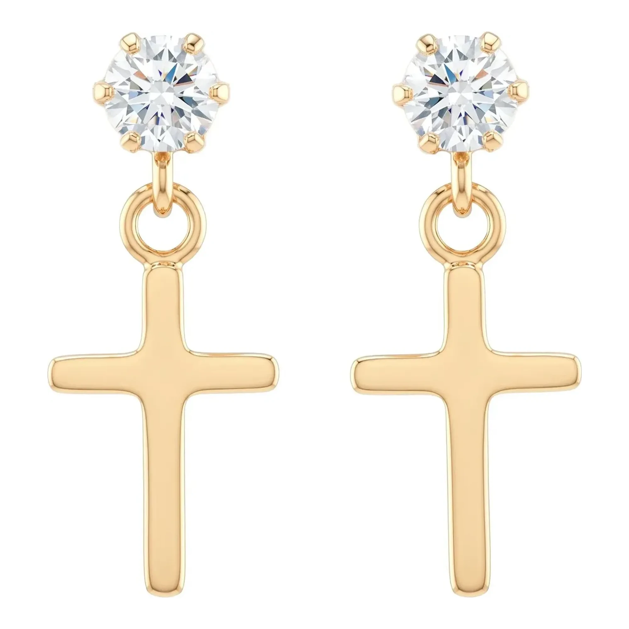 Broqueles de oro amarillo 10k con cruz lisa colgante y zirconia blanca de 15 mm - Joyaris