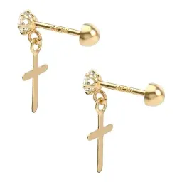 Broqueles de Oro 10k con Cruz Lisa y Zirconia Blanca 15 mm - Imagen 2