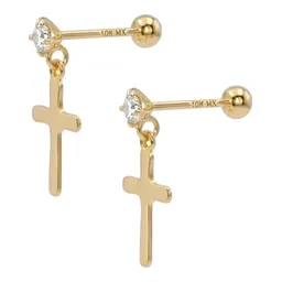Broqueles de Oro 10k con Cruz Lisa y Zirconia Blanca 15 mm - Imagen 3