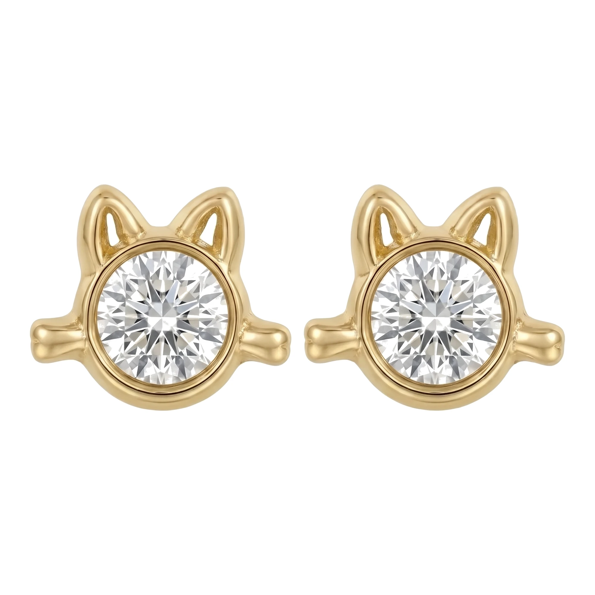 Broqueles de gato de oro amarillo 10k con zirconia blanca de 4 mm y broche a rosca - Joyaris joyería mexicana