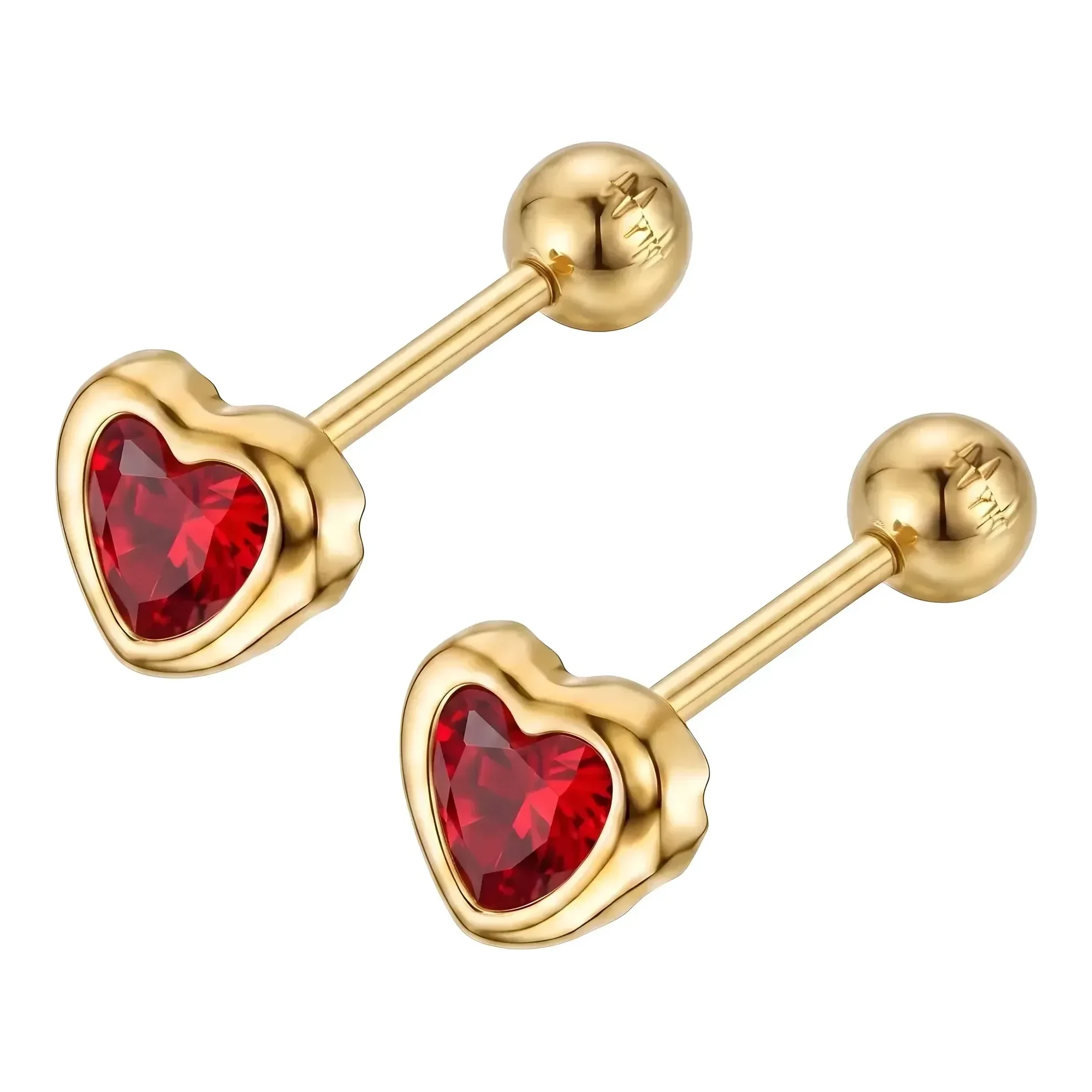 Aretes Broquel de Oro 10k Corazón con Zirconia Roja 4x3 mm - Imagen 3