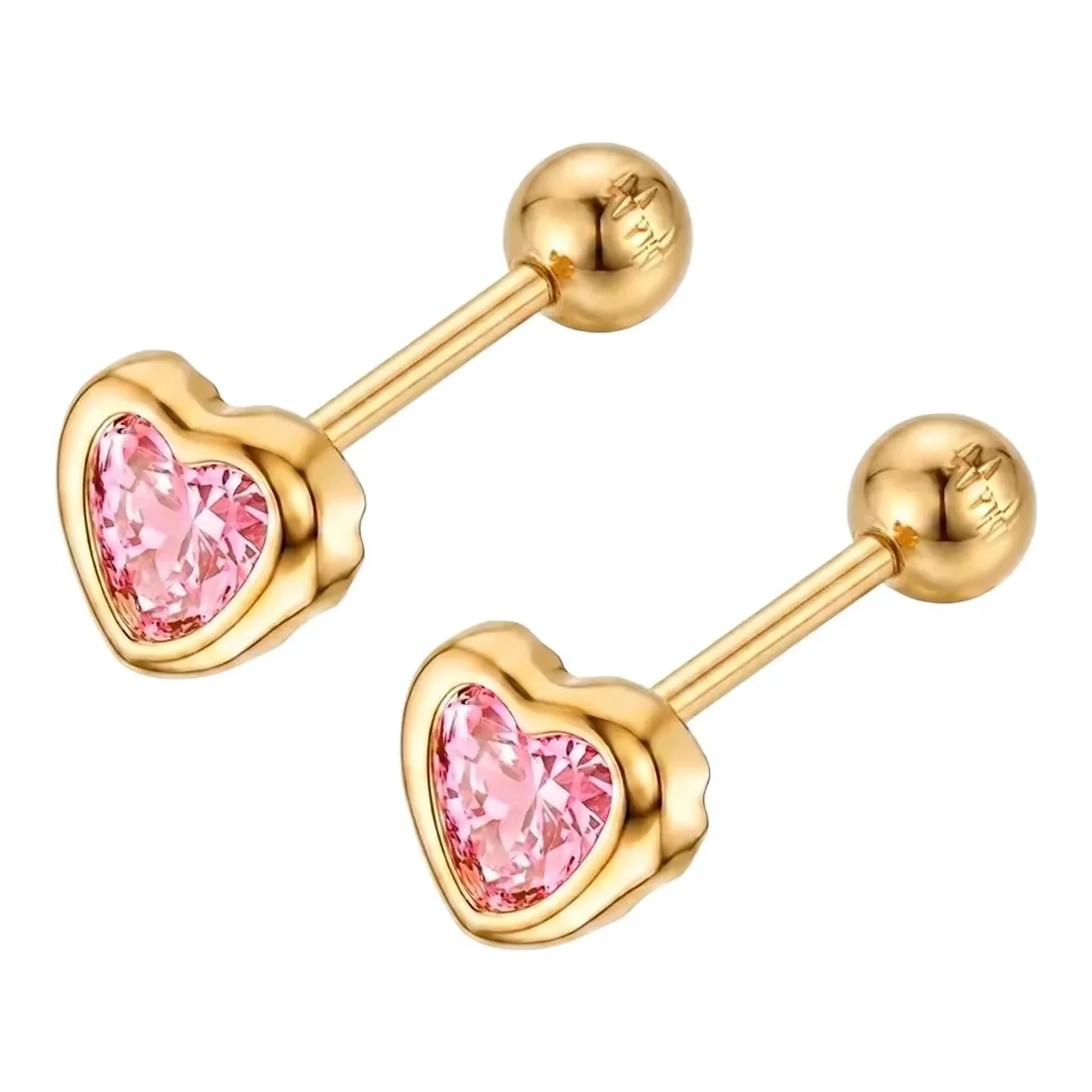 Aretes Broquel de Oro 10k Corazón con Zirconia Rosa 4x3 mm - Imagen 2