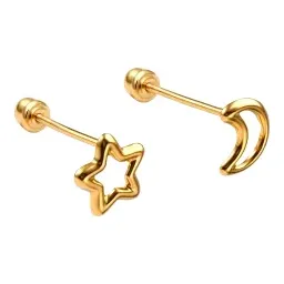 Broqueles de Oro 10k Contorno Luna y Estrella con Rosca - Imagen 2