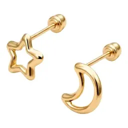 Broqueles de Oro 10k Contorno Luna y Estrella con Rosca - Imagen 3