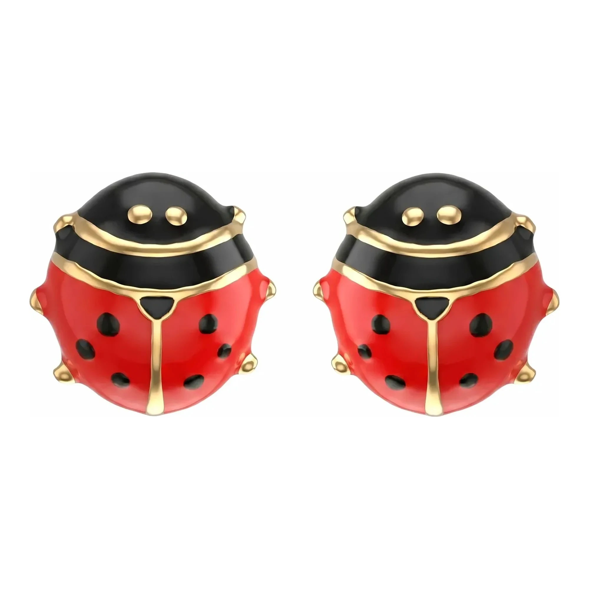 Broqueles de mariquita esmaltada en rojo y negro de Oro Amarillo 10k con broche a rosca - Joyaris joyería mexicana