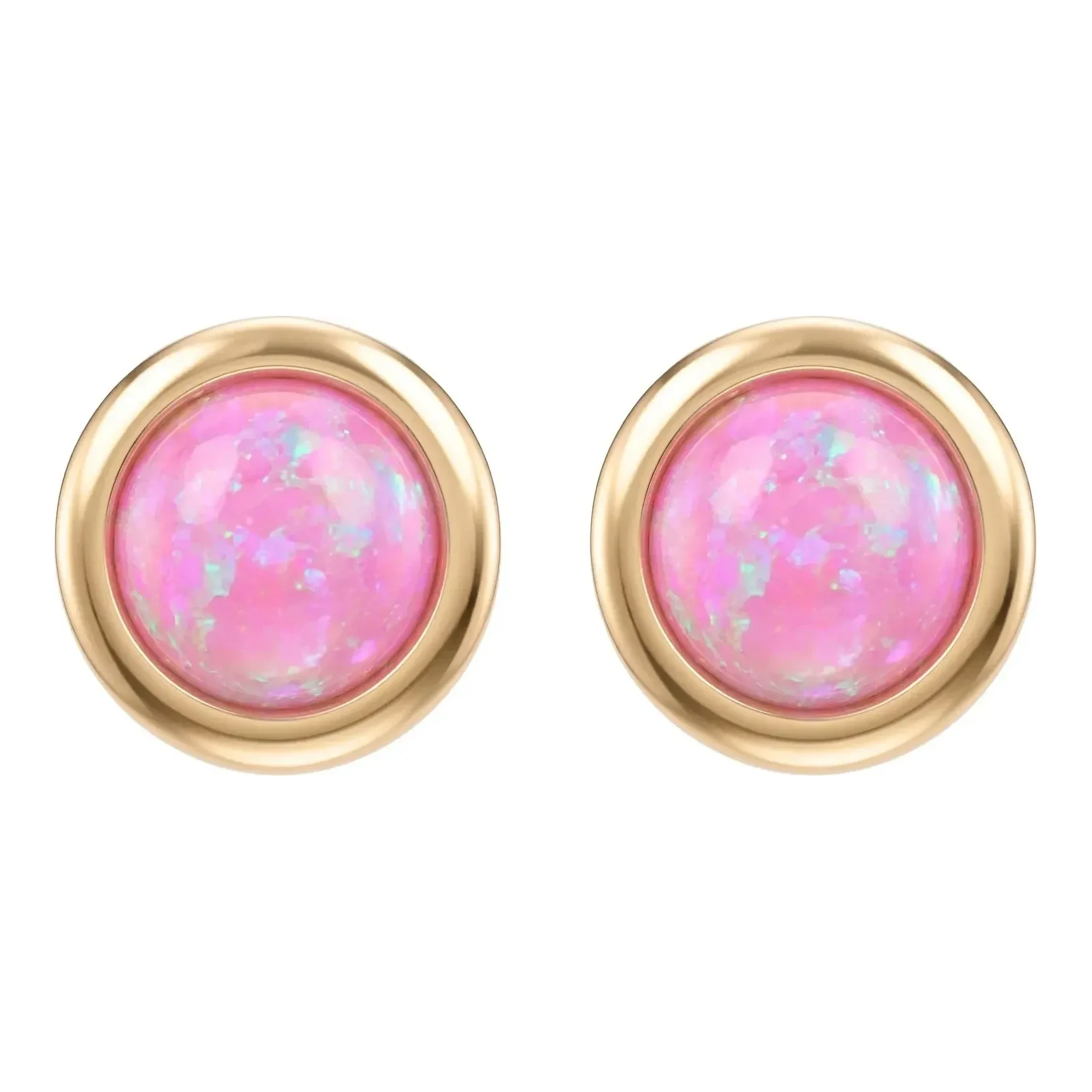 Broqueles de oro 10k con ópalo rosa sintético de 8 mm - Joyaris joyería fina mexicana