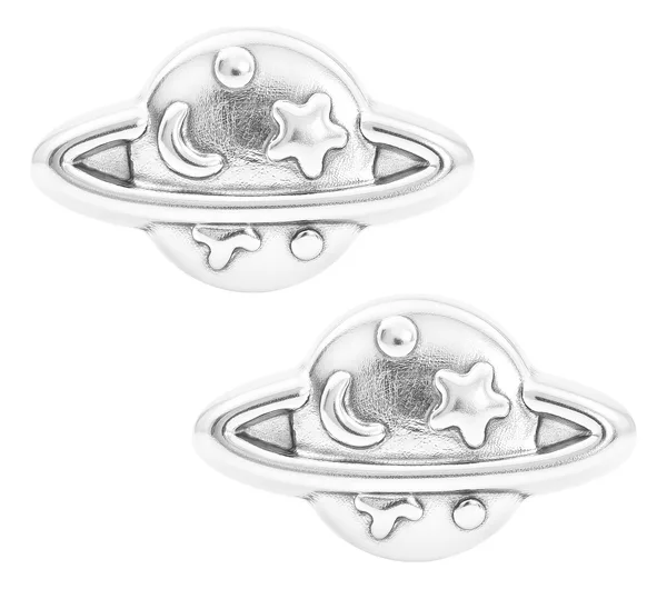 Aretes broquel de plata .925 plateado diseno Saturno, Luna y Estrellas — Joyaris