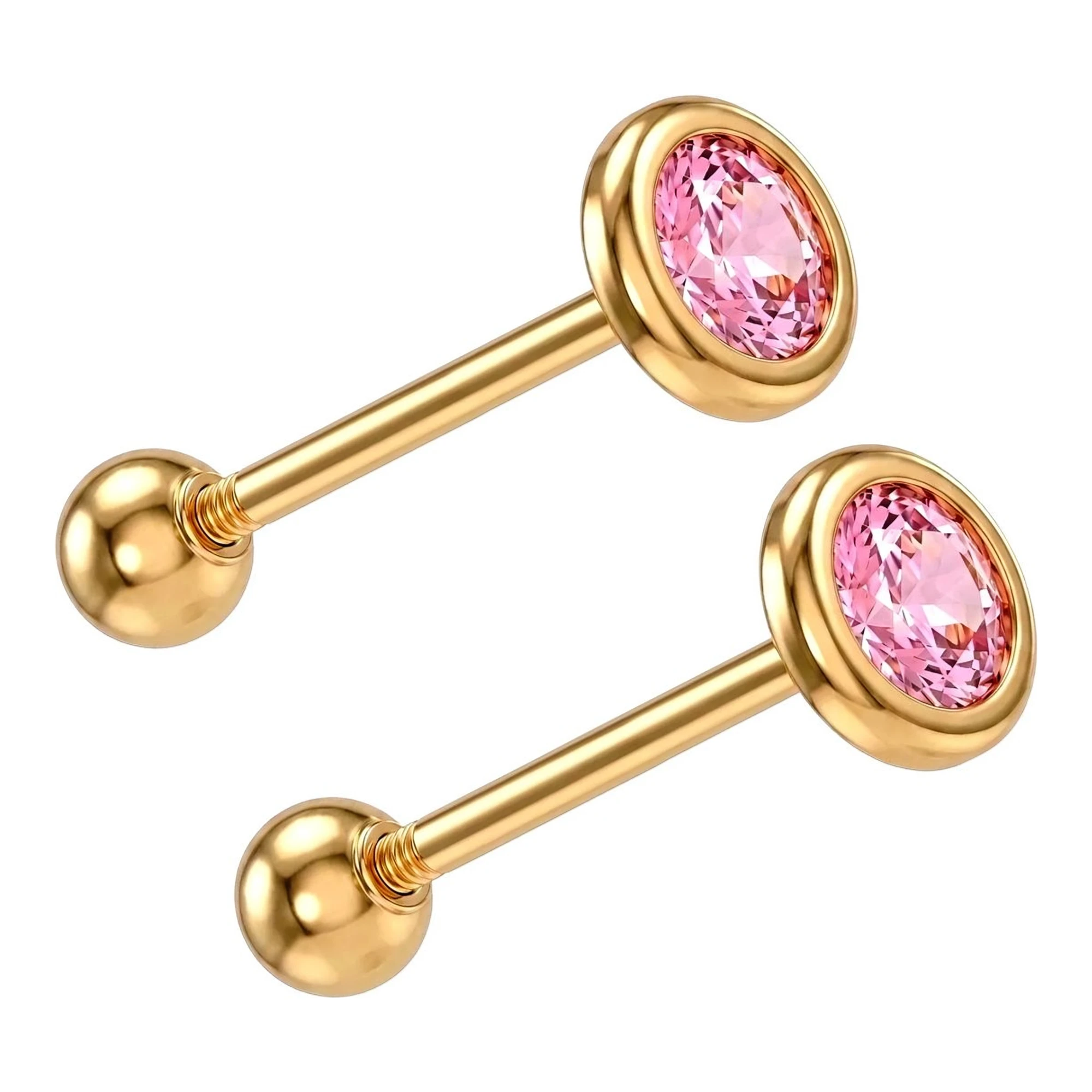 Broqueles de Oro 10k Bisel 3 mm Zirconia Rosa Claro - Imagen 2