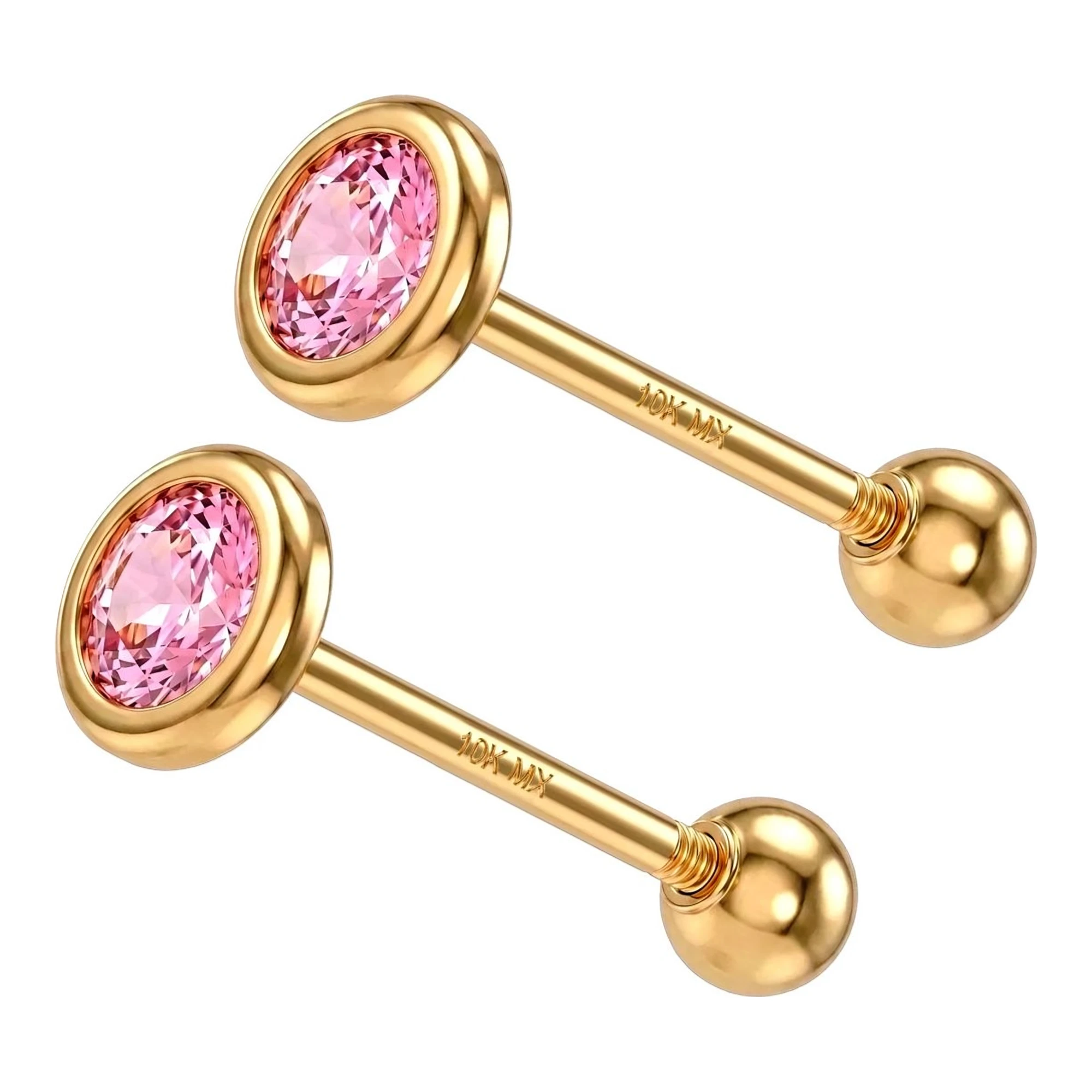 Broqueles de Oro 10k Bisel 3 mm Zirconia Rosa Claro - Imagen 3