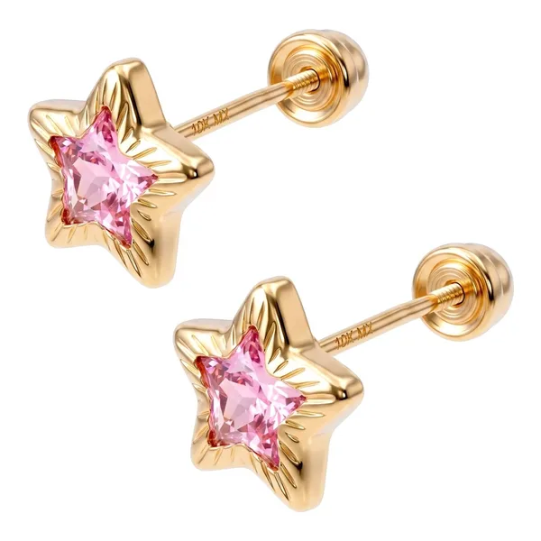 Broqueles de Oro 10k Estrella Facetada con Zirconia Rosa