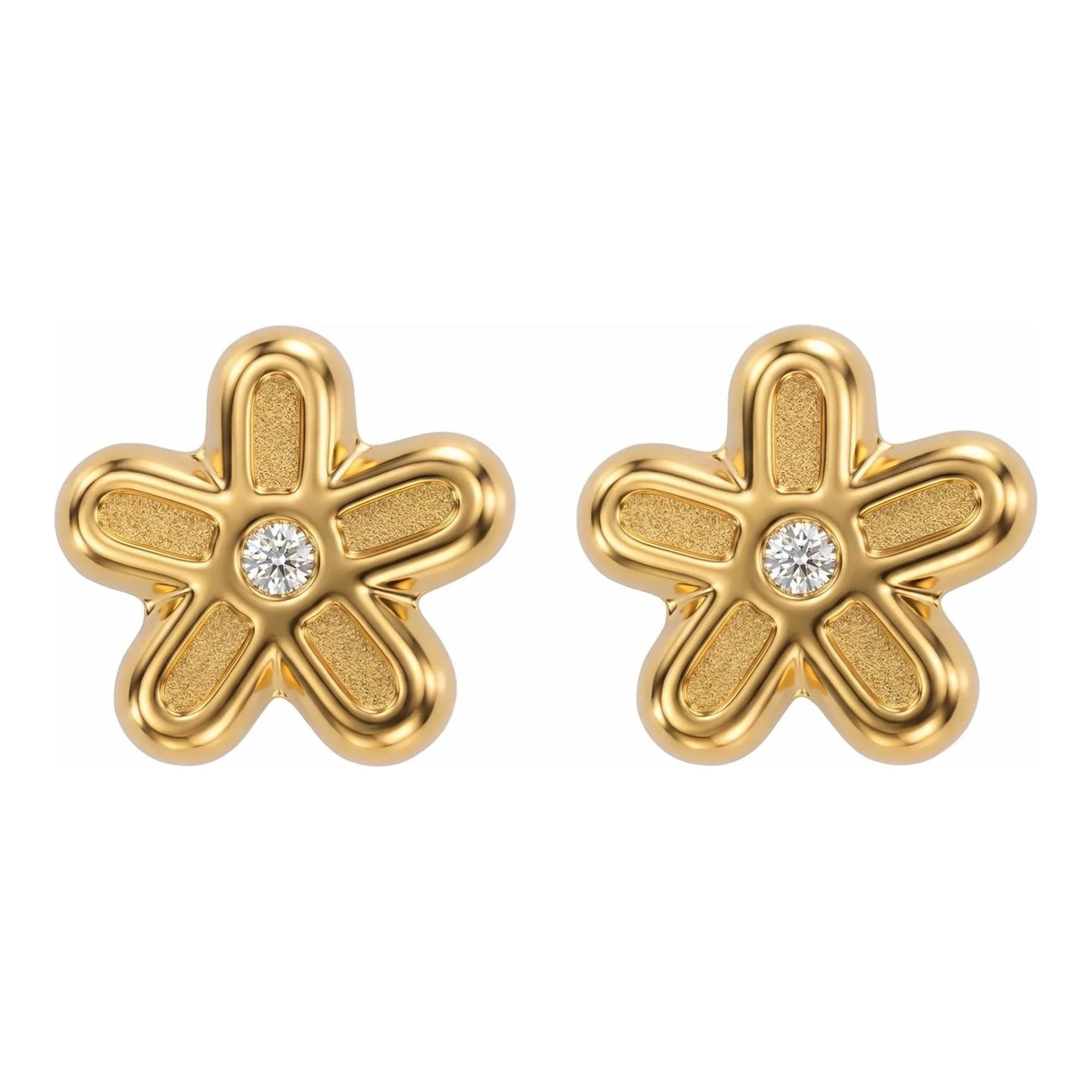 Broqueles de flor margarita en oro amarillo 10k con zirconias y broche a rosca - Joyaris