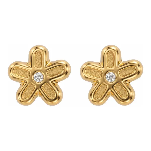 Broqueles de flor margarita en oro amarillo 10k con zirconias y broche a rosca - Joyaris