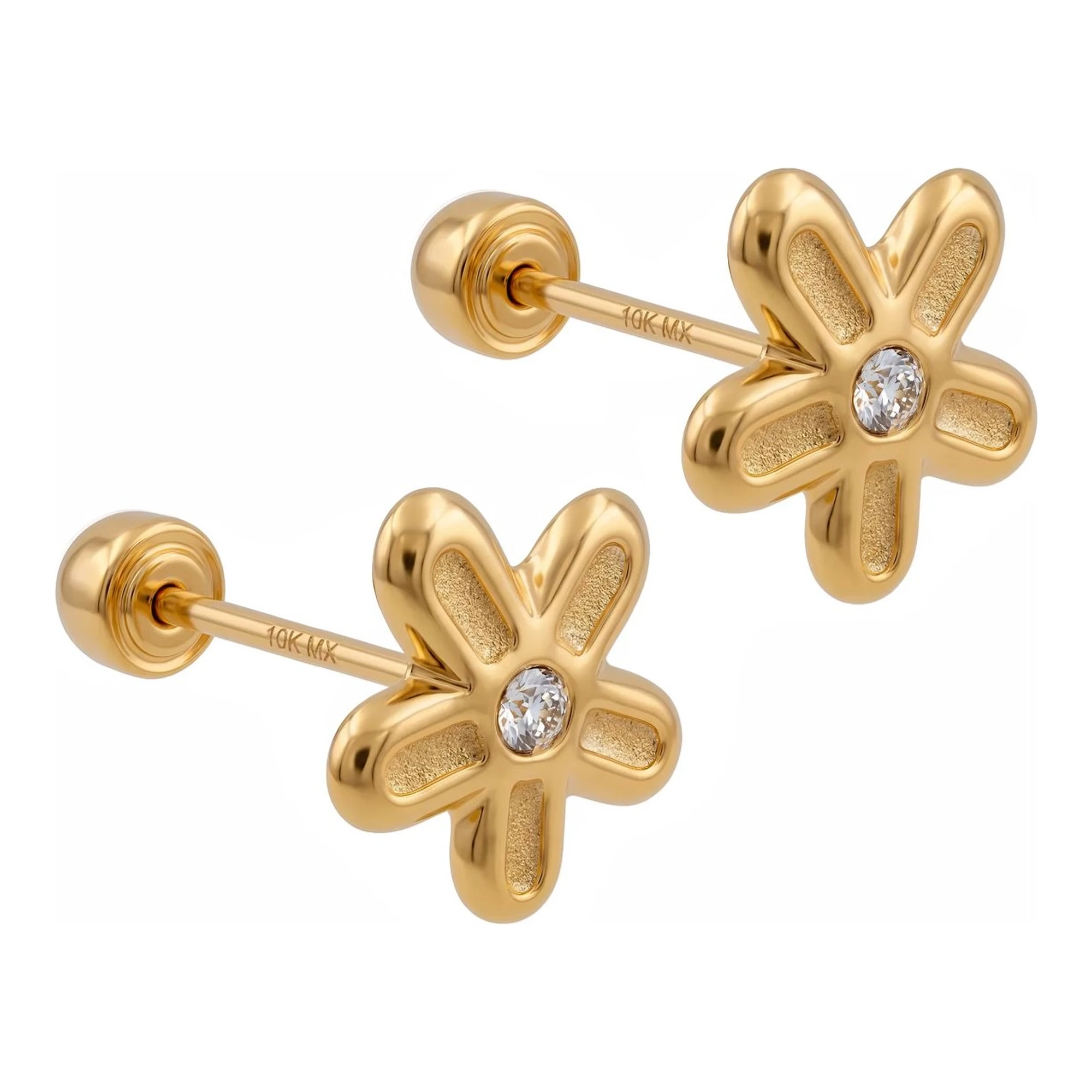 Broqueles de Oro 10k Flor Margarita con Zirconia 6 mm - Imagen 2