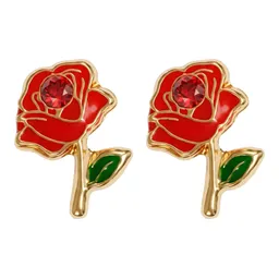 Broqueles de Oro 10k Flor Rosa Esmaltada Roja 6 mm Rosca - Imagen 1