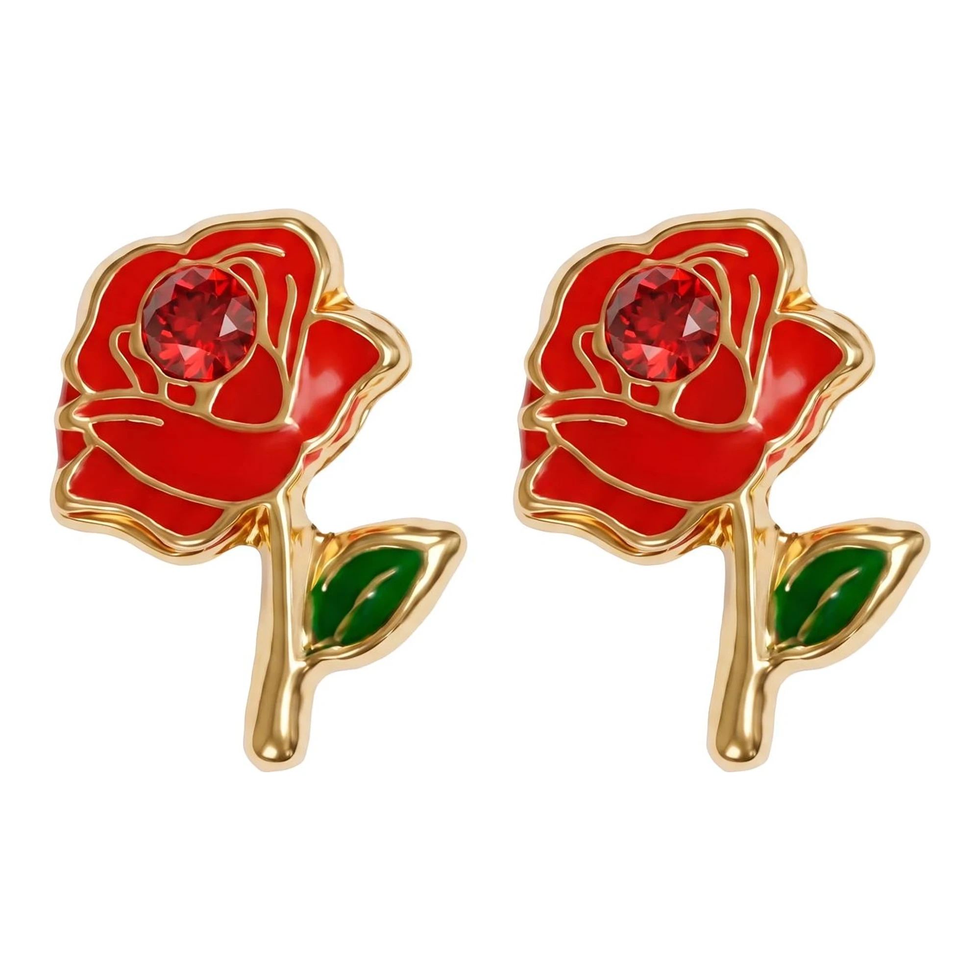 Broqueles de oro 10k amarillo con dije de flor rosa esmaltada roja de 6 mm, broche a rosca de bolita y zirconia brillante