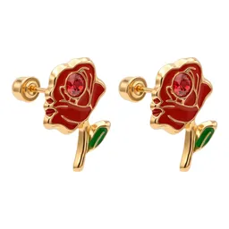 Broqueles de Oro 10k Flor Rosa Esmaltada Roja 6 mm Rosca - Imagen 2