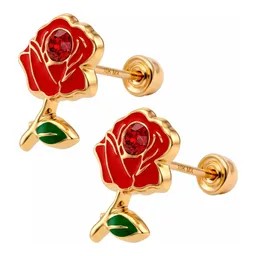 Broqueles de Oro 10k Flor Rosa Esmaltada Roja 6 mm Rosca - Imagen 3