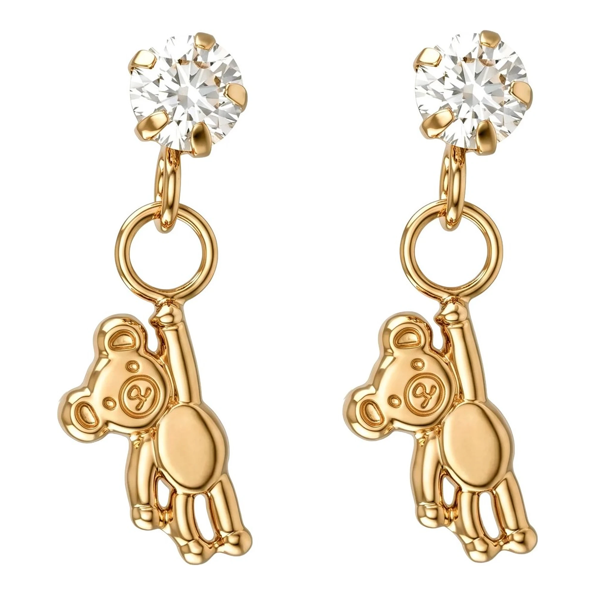 Broqueles de oro 10k amarillo con figura de osito colgante y broche de rosca Joyaris