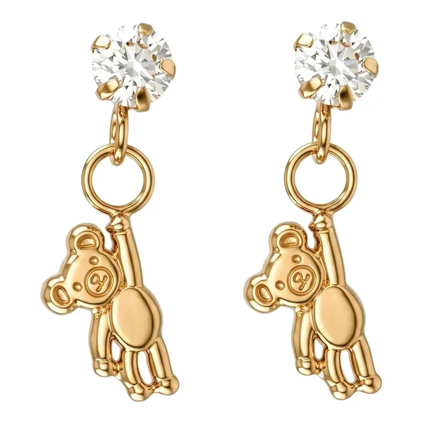 Broqueles de oro 10k amarillo con figura de osito colgante y broche de rosca Joyaris