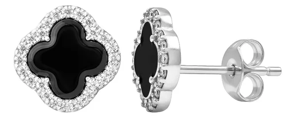 Aretes Broquel Plata 925 Trébol Cuatro Hojas con Zirconias Rojas - Imagen 1
