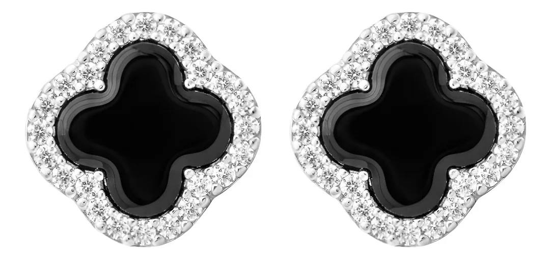 Aretes Broquel Plata 925 Trébol Cuatro Hojas con Zirconias Rojas - Imagen 1