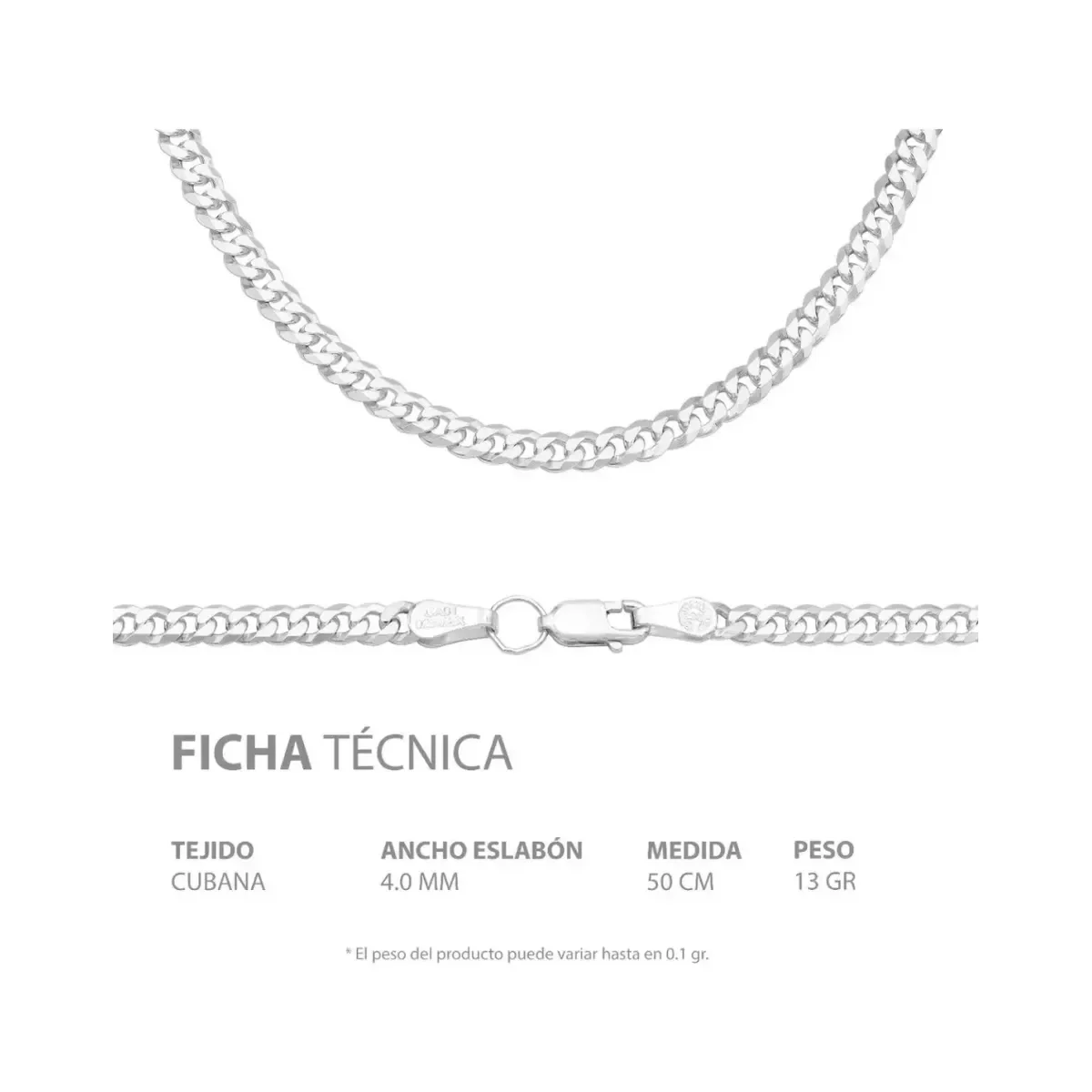 Cadena Cubana Plata Ley .925 Lisa para Hombre 50 cm - Imagen 5