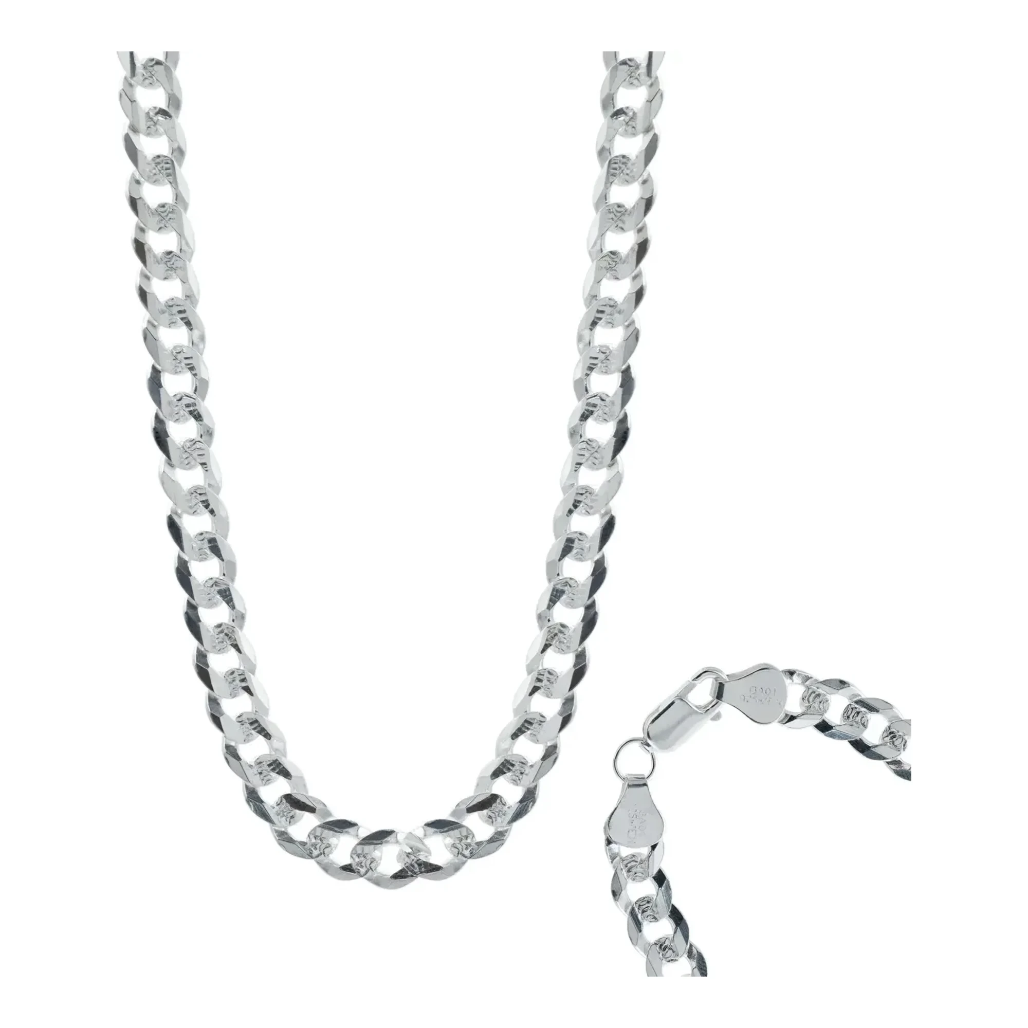 Cadena cubana de plata .925 maciza para hombre, collar barbado con eslabón diamantado de 7 mm y broche perico sin piedras