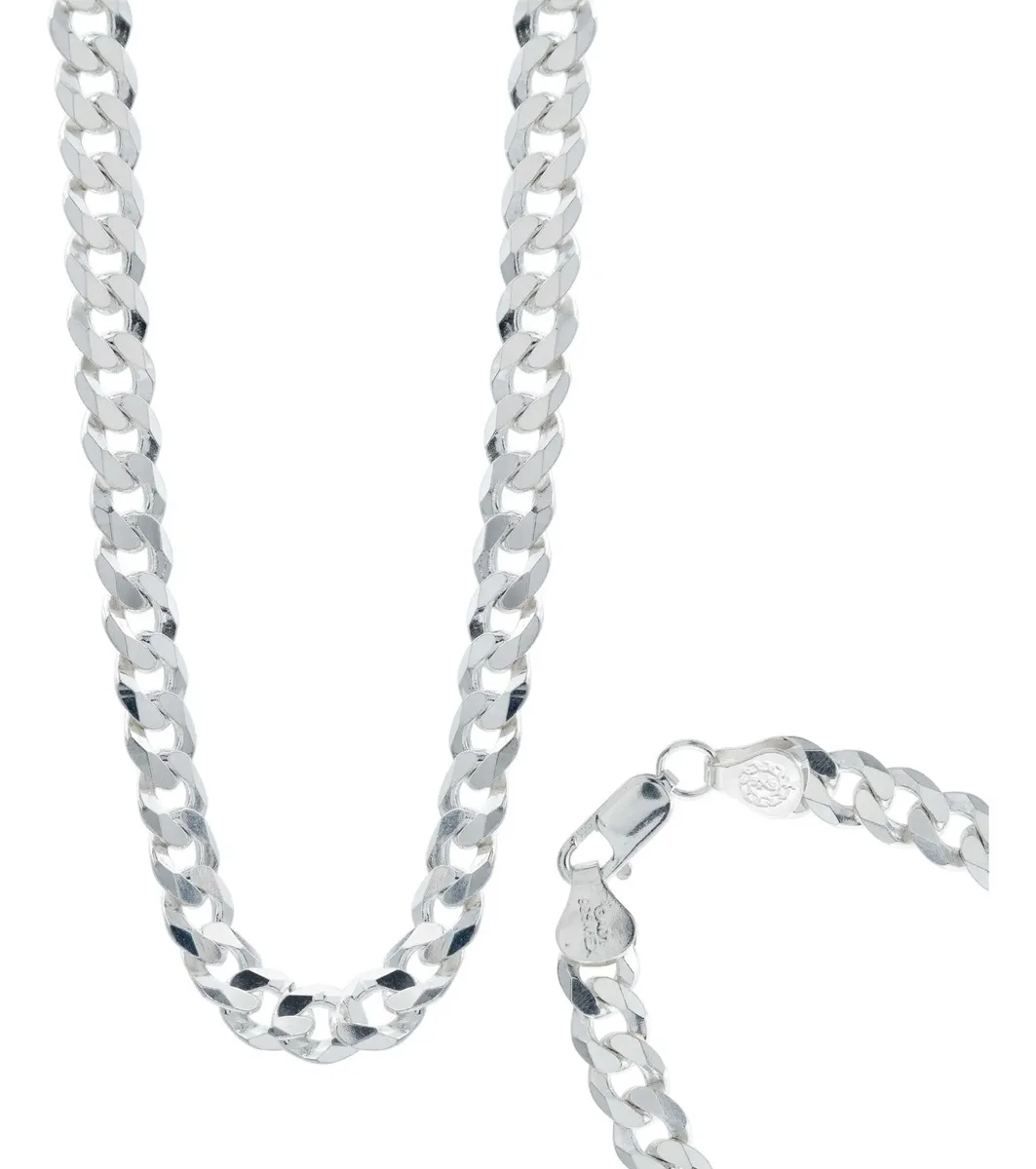 Cadena plata hombre 925 cubana gruesa diamantada 7mm 60cm. Joyería masculina plata, eslabones brillantes, diseño atemporal y