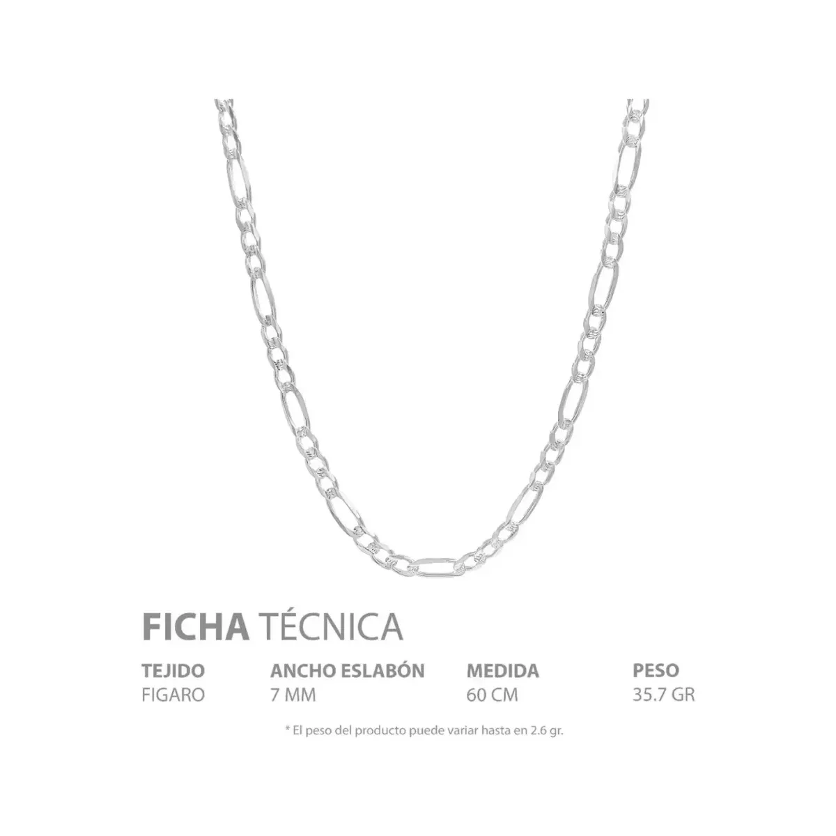 Cadena Plata 925 Figaro 3x1 Diamantada para Hombre 60cm - Imagen 6